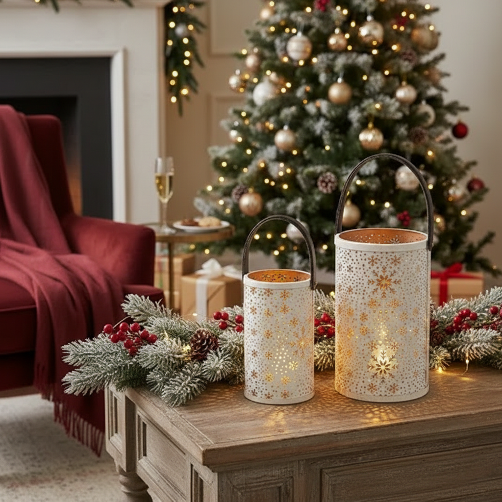 Christmas Metal Cutout Lantern Set Of 2 Snowflake, Holiday Candle Holder, Festive Home Decor