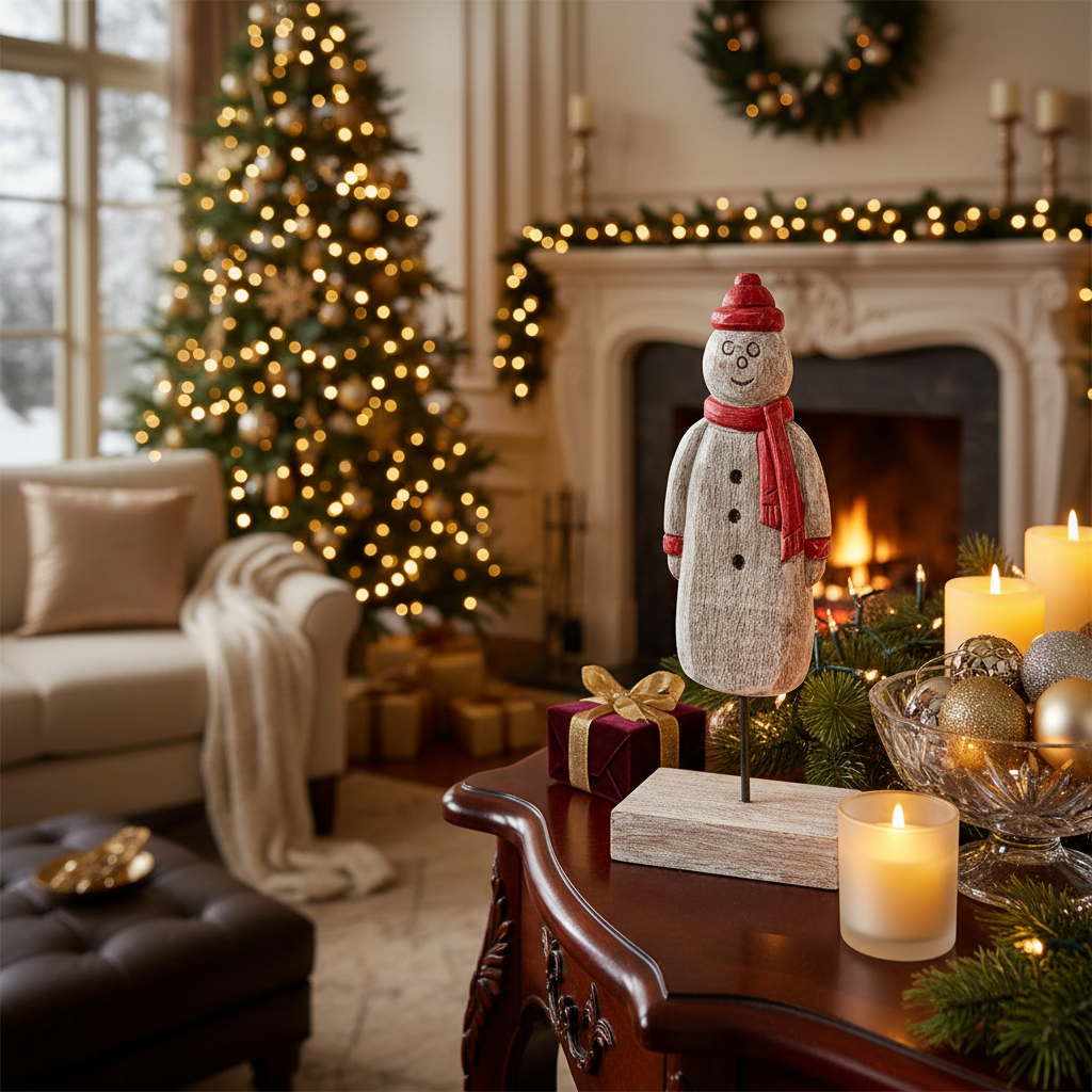 Christmas Wooden Snowman Figurine With Scarf And Toque, Holiday Decor, Festive Accent