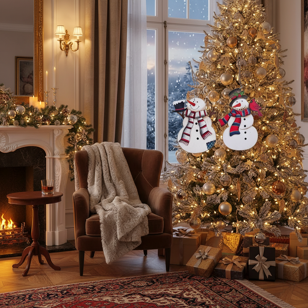Christmas Wooden Snowman With Scarf Ornament Set Of 2, Holiday Tree Decoration, Rustic Christmas Accent