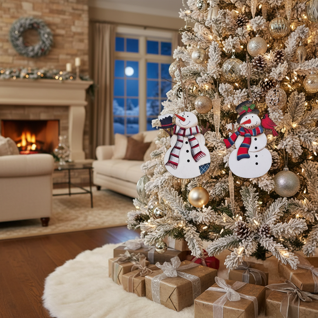 Christmas Wooden Snowman With Scarf Ornament Set Of 2, Holiday Tree Decoration, Rustic Christmas Accent