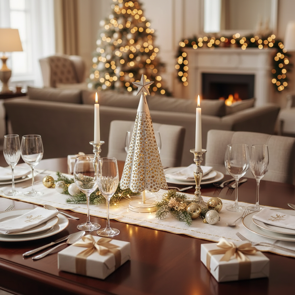Filigree Gold & White Metal Christmas Tree – Holiday Table Decoration