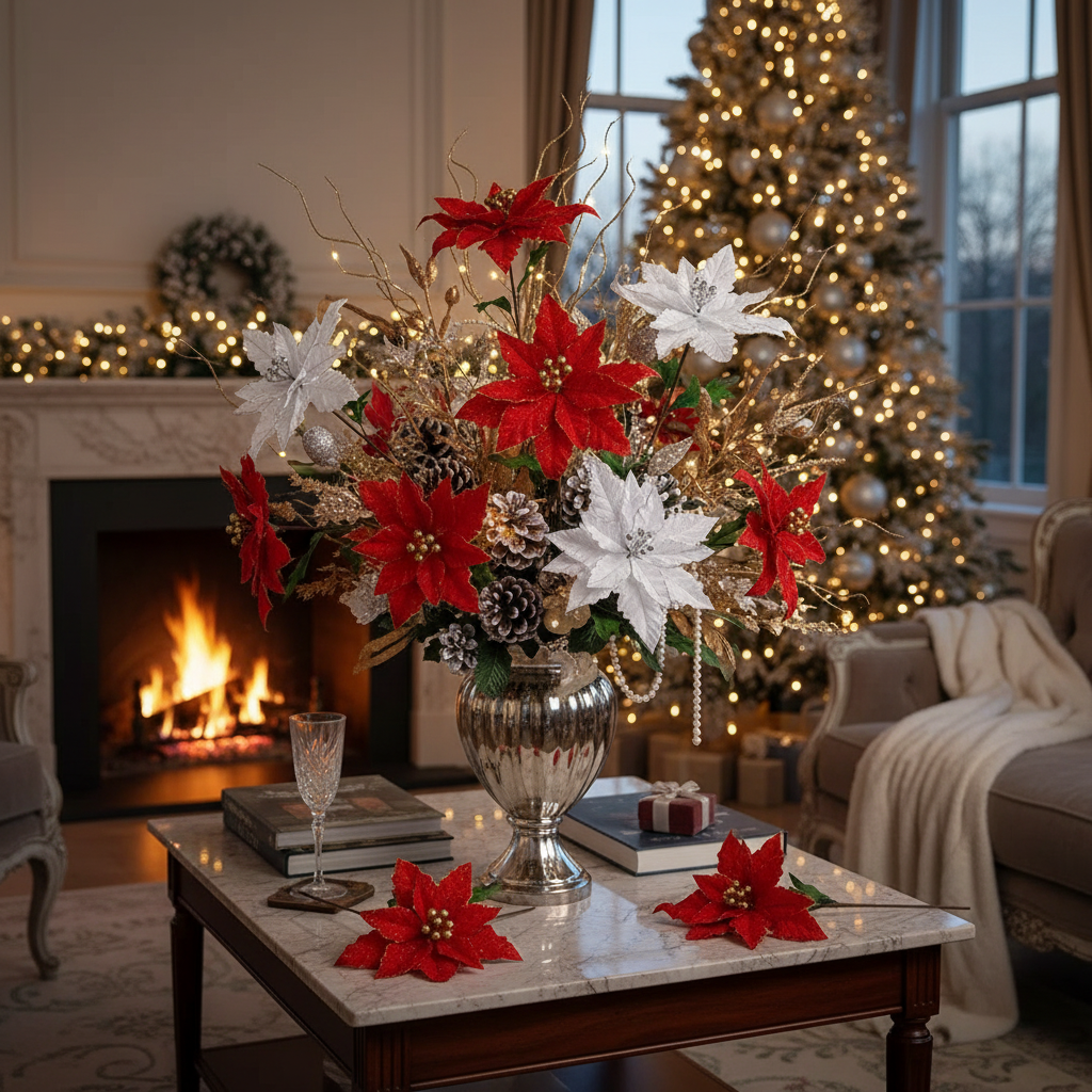 Glitter Edged Poinsettia Stem Set of 6, Christmas Floral Stem, Holiday Flower Decoration