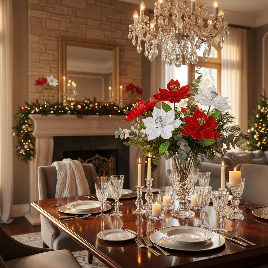 Glitter Edged Poinsettia Stem - Set of 6