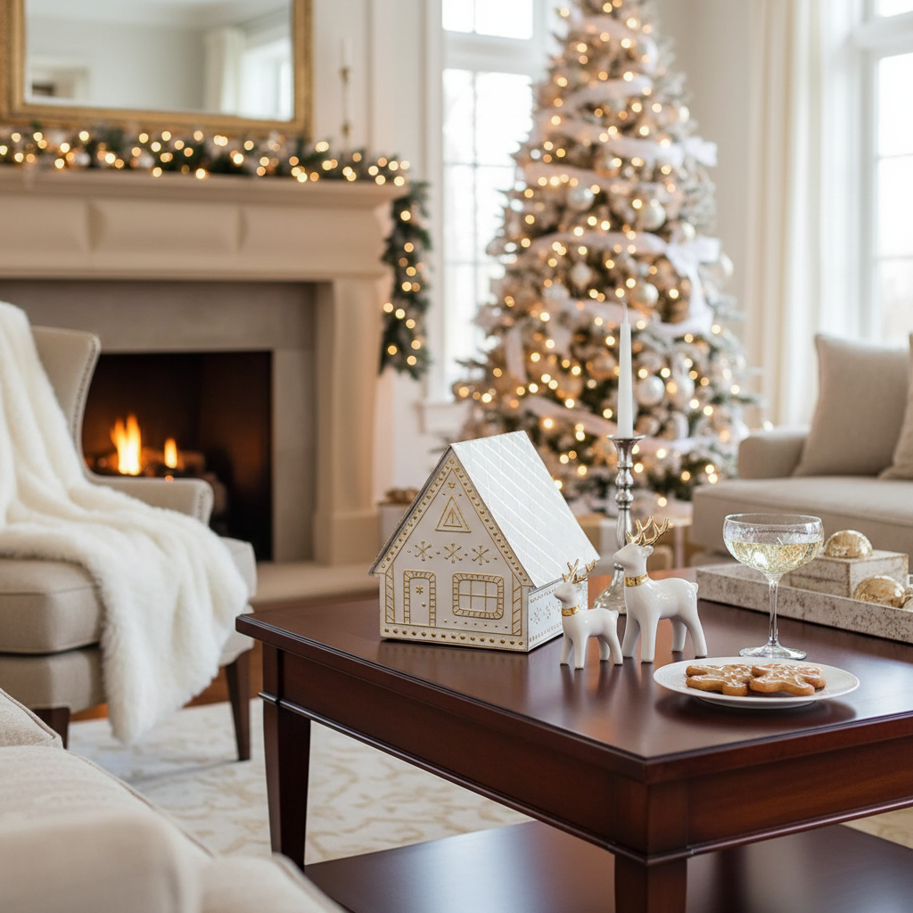 Gold & White Gingerbread Metal House – Christmas Holiday Decoration