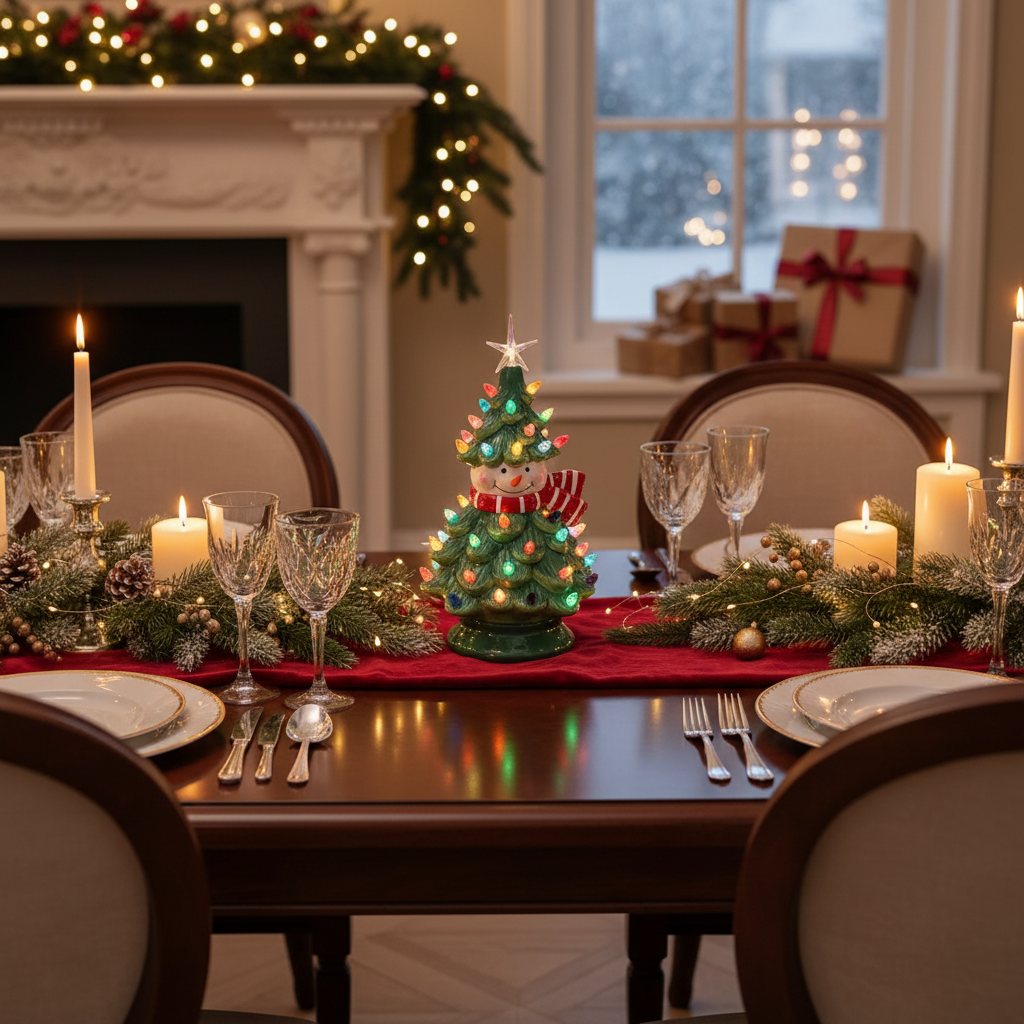 LED Ceramic Tabletop Snowman Christmas Tree – Holiday Table Decor
