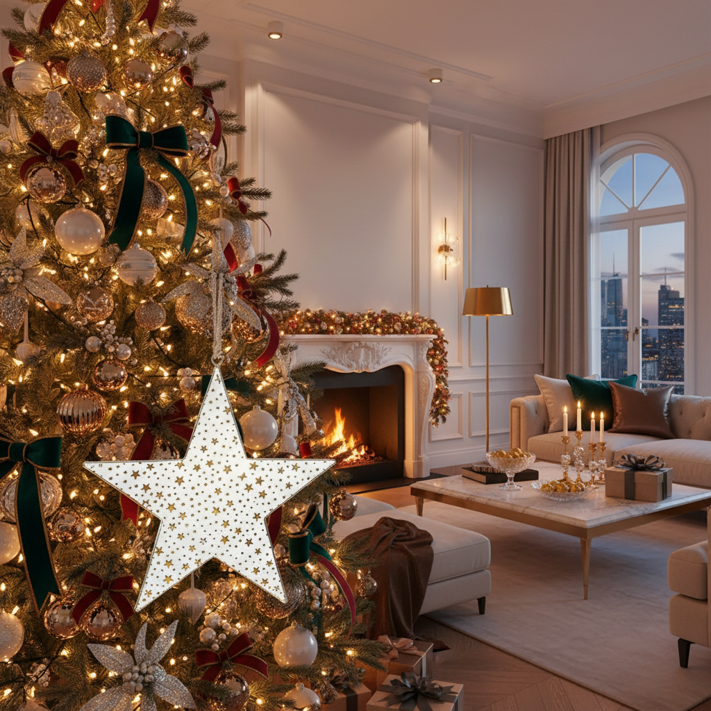 Medium White & Gold Star Christmas Ornament – Holiday Tree Decoration