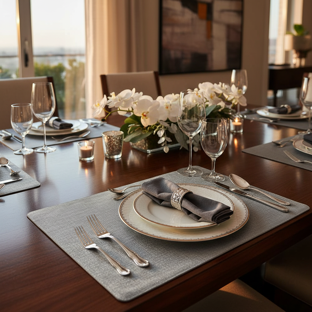 Metallic Plastic Placemat Silver Decorative Dining Table Mats - Set of 12