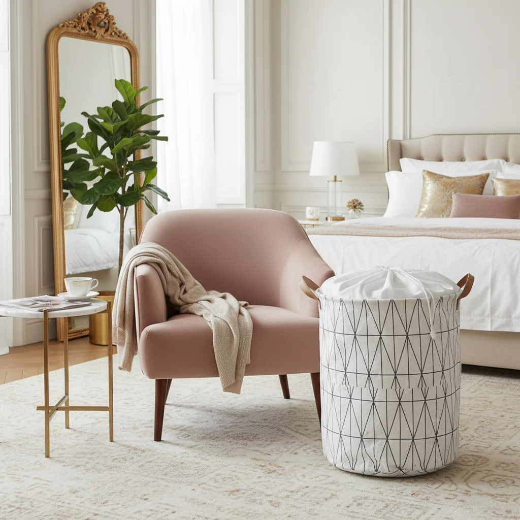 Round Fabric Hamper White Diamond Pattern Laundry Basket With Handle