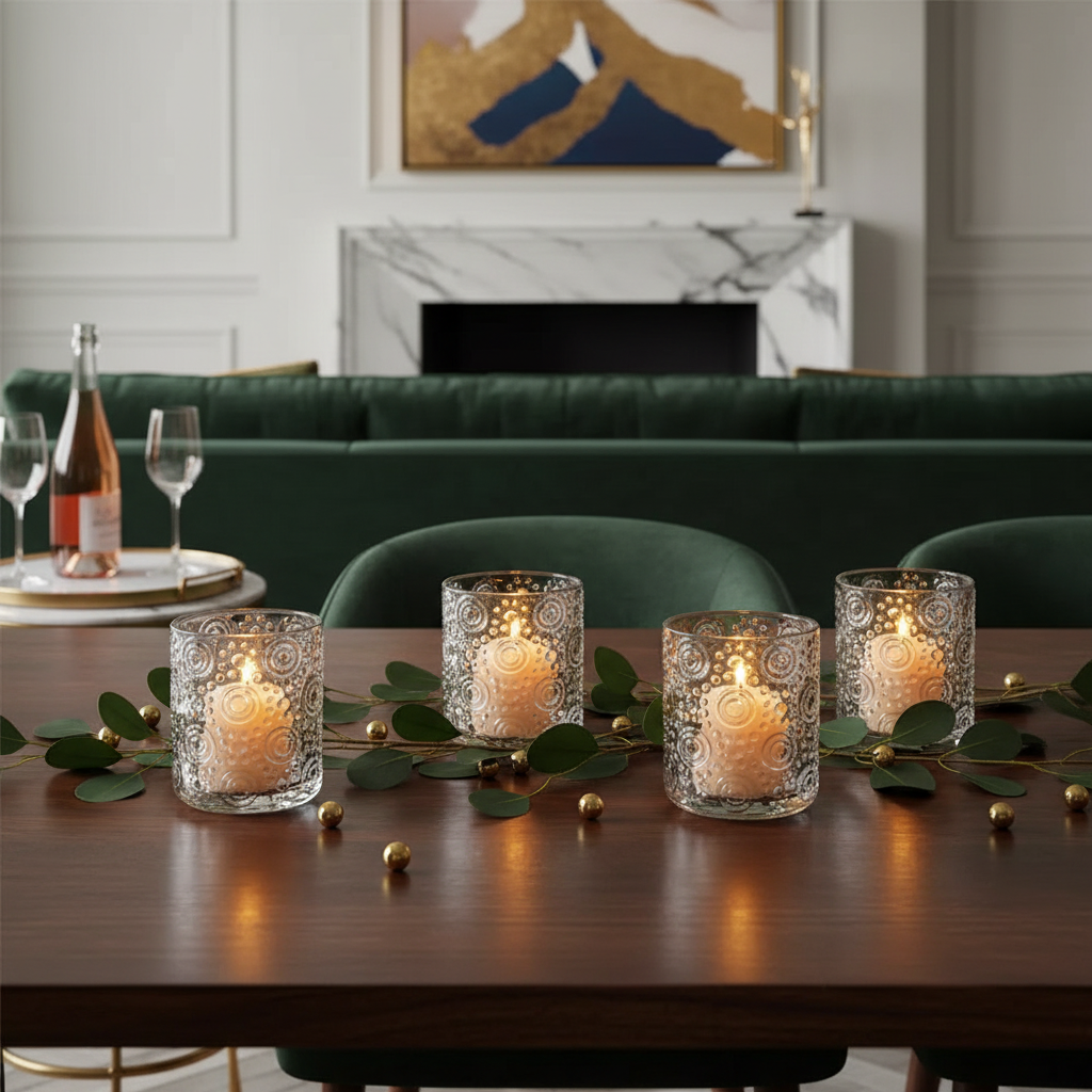 Round Glass Candle Holder Circles Design Decorative Candle Stand - Set of 4