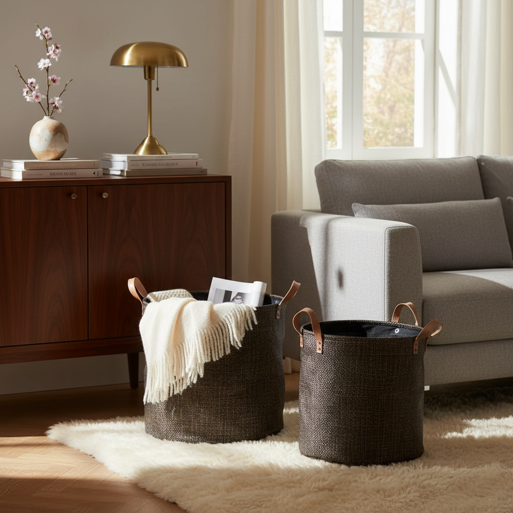 2 Piece Round Textilene Storage Basket Chocolate With Handles Home Organizer