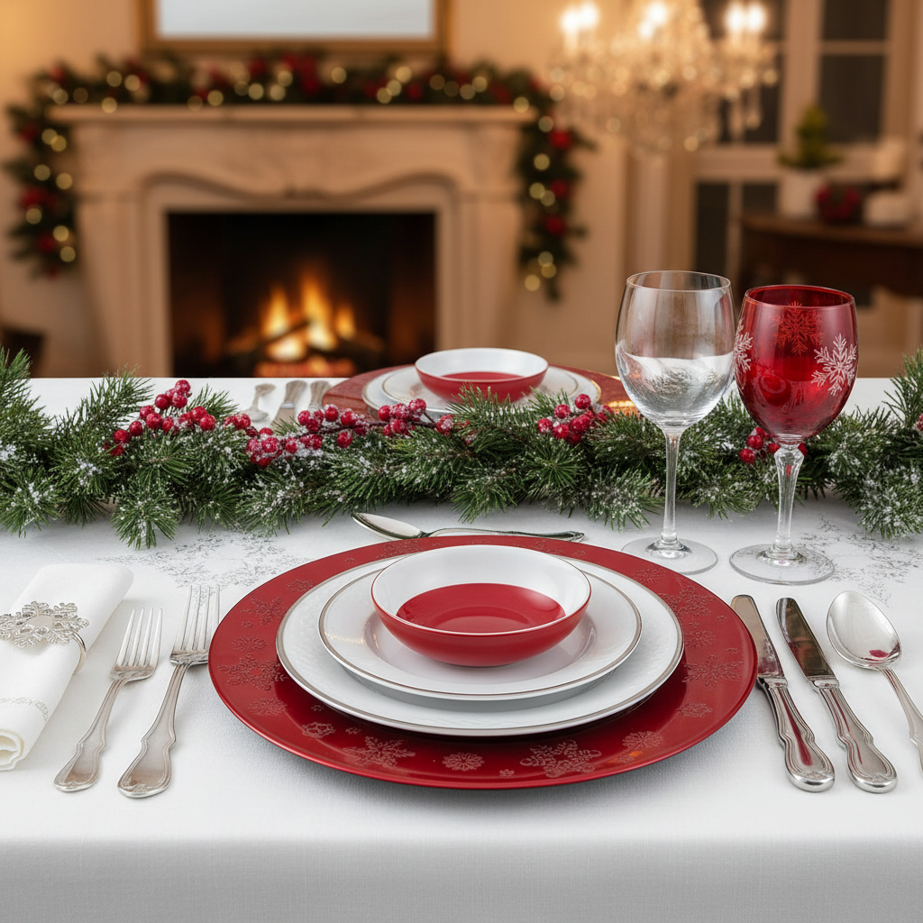 Red Snowflake Charger Plate – 13", Set of 6, Festive Dining