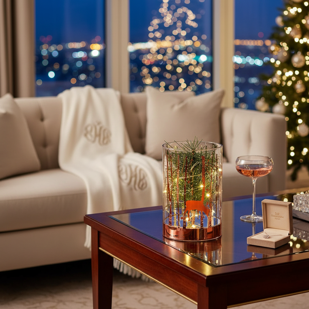 Small LED Cylinder Glass Pine Tree Decor – Rosegold Holiday Accent