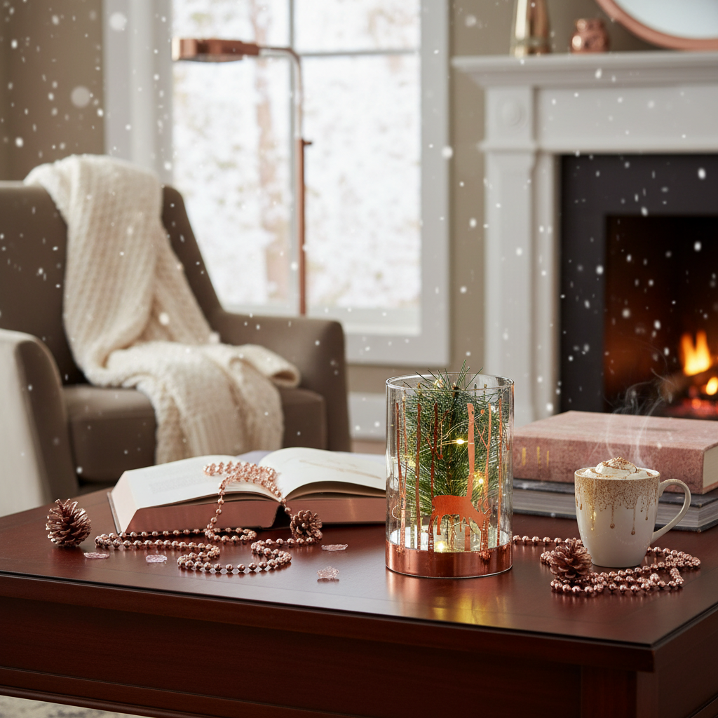 Small LED Cylinder Glass Pine Tree Decor – Rosegold Holiday Accent