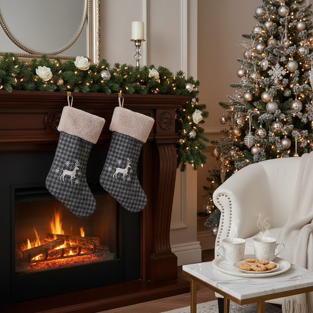 Striped Fabric Christmas Stocking, Holiday Fireplace Stocking, Hanging Christmas Stocking Decor - Set Of 2
