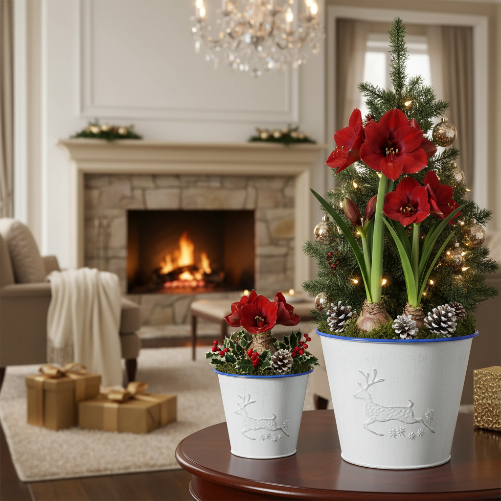 White Metal Round Planter with Embossed Reindeer – Set of 2, Holiday Indoor Planter
