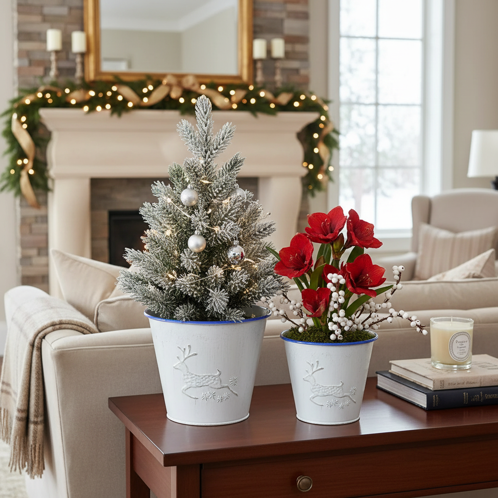 White Metal Round Planter with Embossed Reindeer – Set of 2, Holiday Indoor Planter