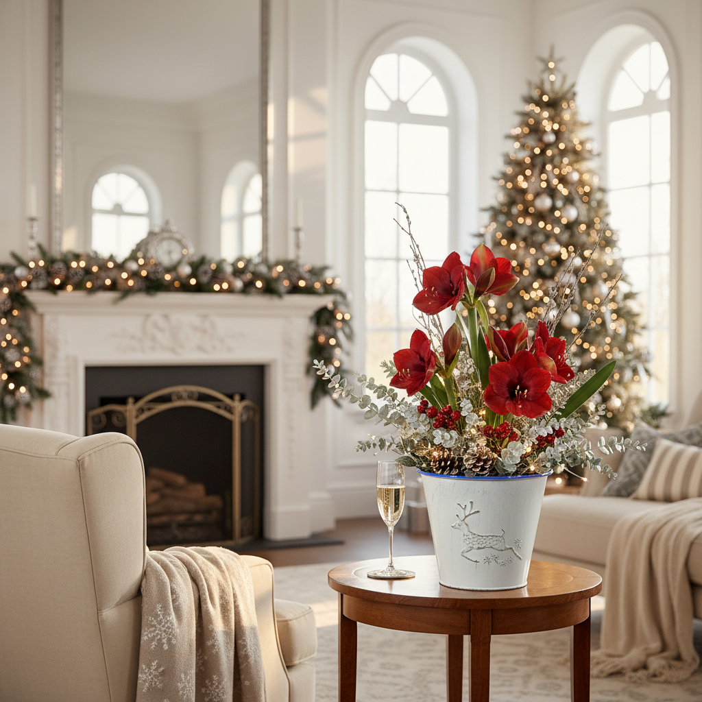White Metal Round Planter with Embossed Reindeer – Set of 2, Holiday Indoor Planter
