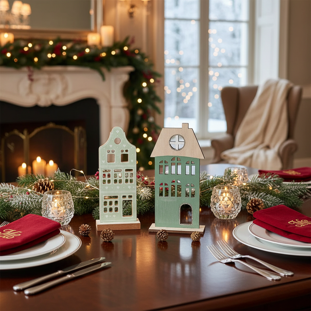 Wooden Christmas House Decor, Christmas Village House Decoration, Holiday Tabletop Decor - Set Of 2