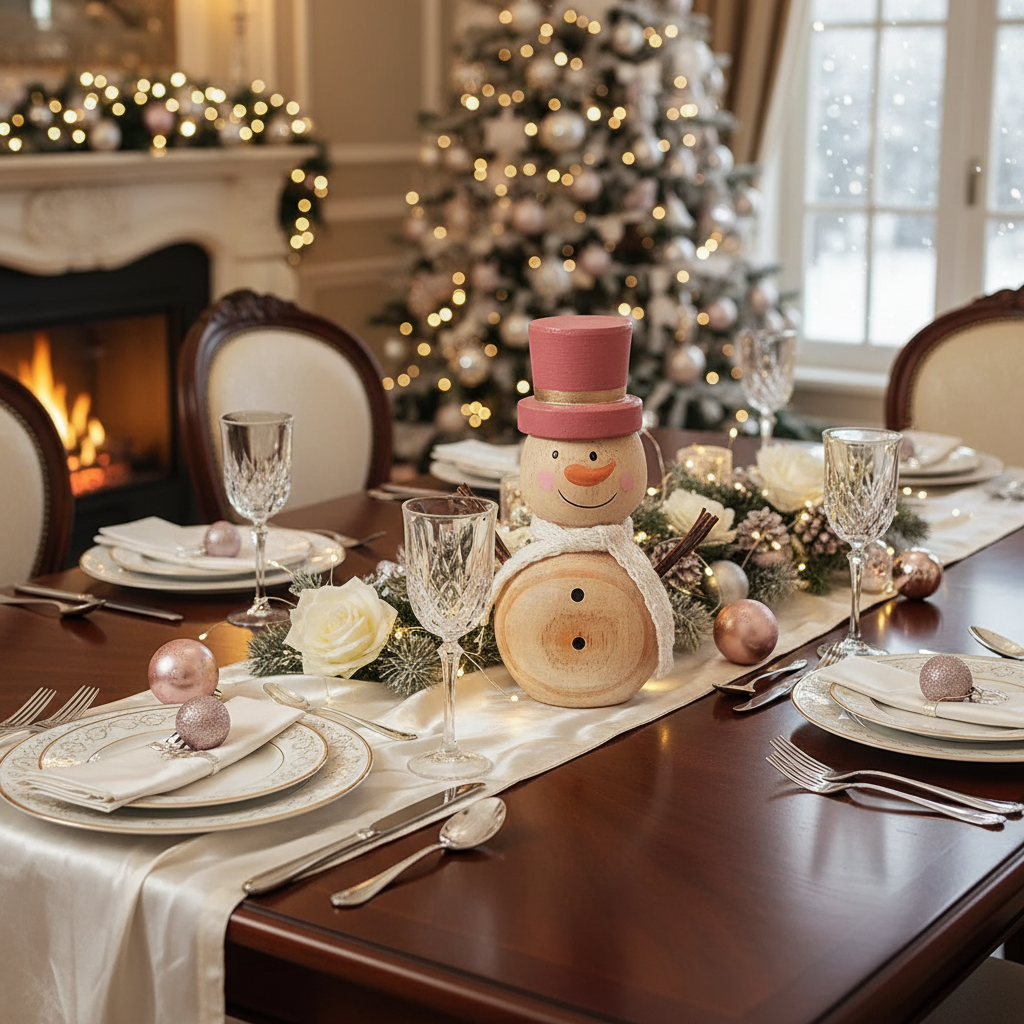 Wooden Snowman with Pink Hat Christmas Decor – Holiday Table Decoration