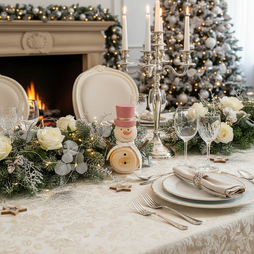 Wooden Snowman with Pink Hat Christmas Decor – Holiday Table Decoration