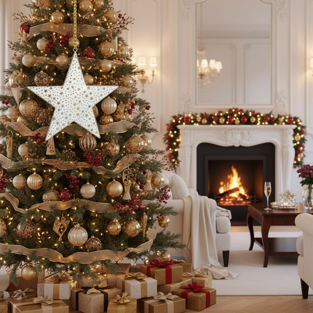 Large White & Gold Star Christmas Ornament – Holiday Tree Decoration