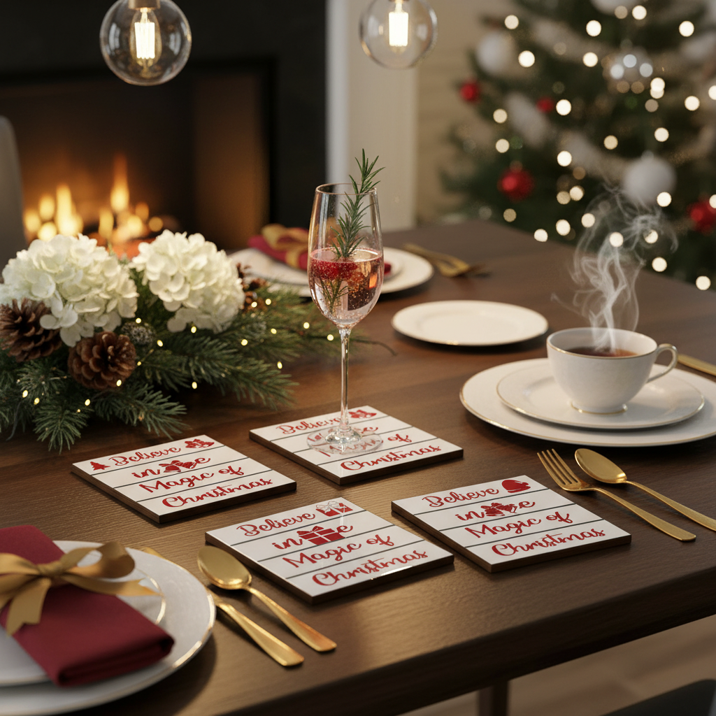 Set of 4 Wooden Enamel Coasters Believe In The Magic Of Christmas Holiday Drink Coasters