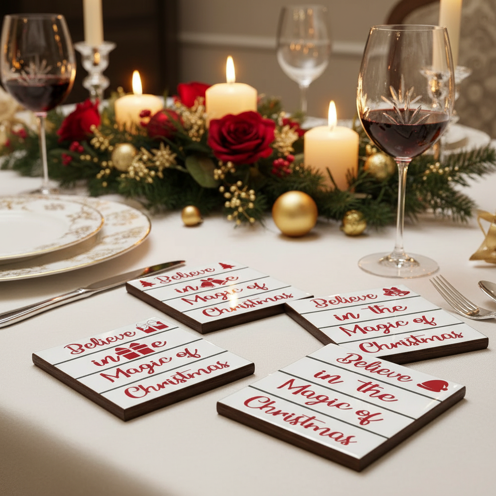 Set of 4 Wooden Enamel Coasters Believe In The Magic Of Christmas Holiday Drink Coasters