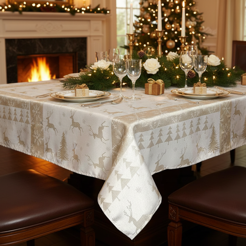 Lurex Tablecloth 54 X 72 Gold Jumping Reindeers Holiday Dining Table Cover