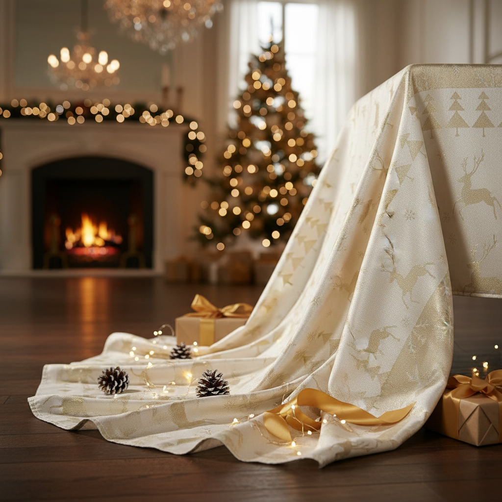 Lurex Tablecloth 54 X 72 Gold Jumping Reindeers Holiday Dining Table Cover