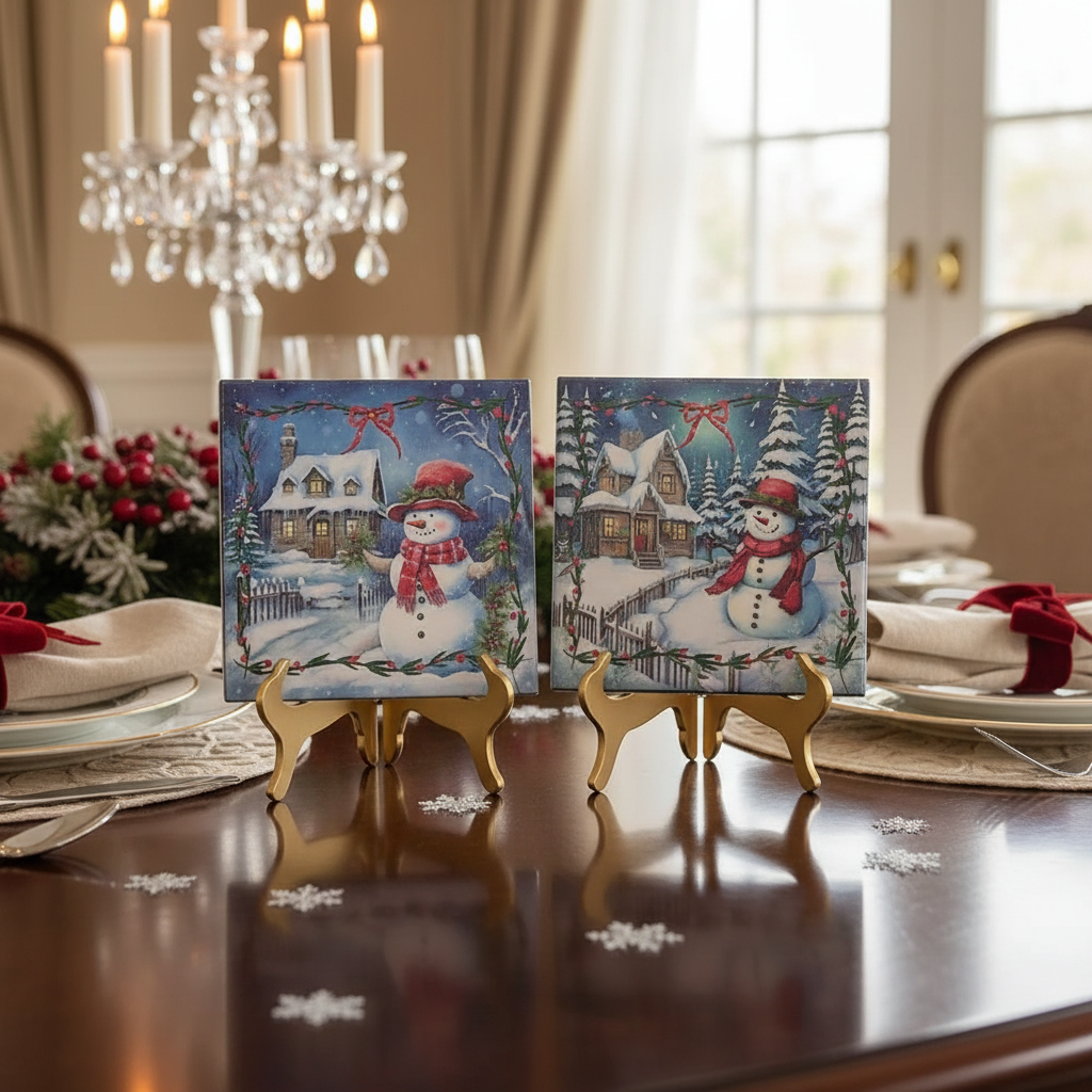 Square Ceramic Snowman Trivet, Heat Resistant Kitchen Trivet, Christmas Kitchen Decor - Set Of 4