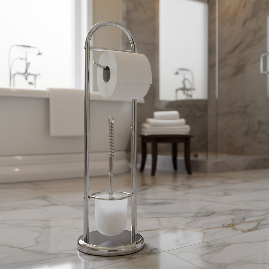 Chrome Toilet Paper Holder With Brush Stand Bathroom Organizer