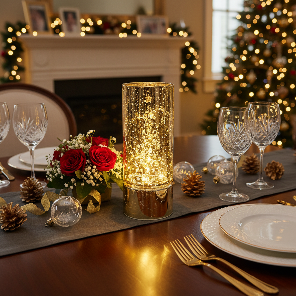 Christmas LED Glass Stand Christmas Tree Gold, Holiday Table Decor, Festive Home Accent
