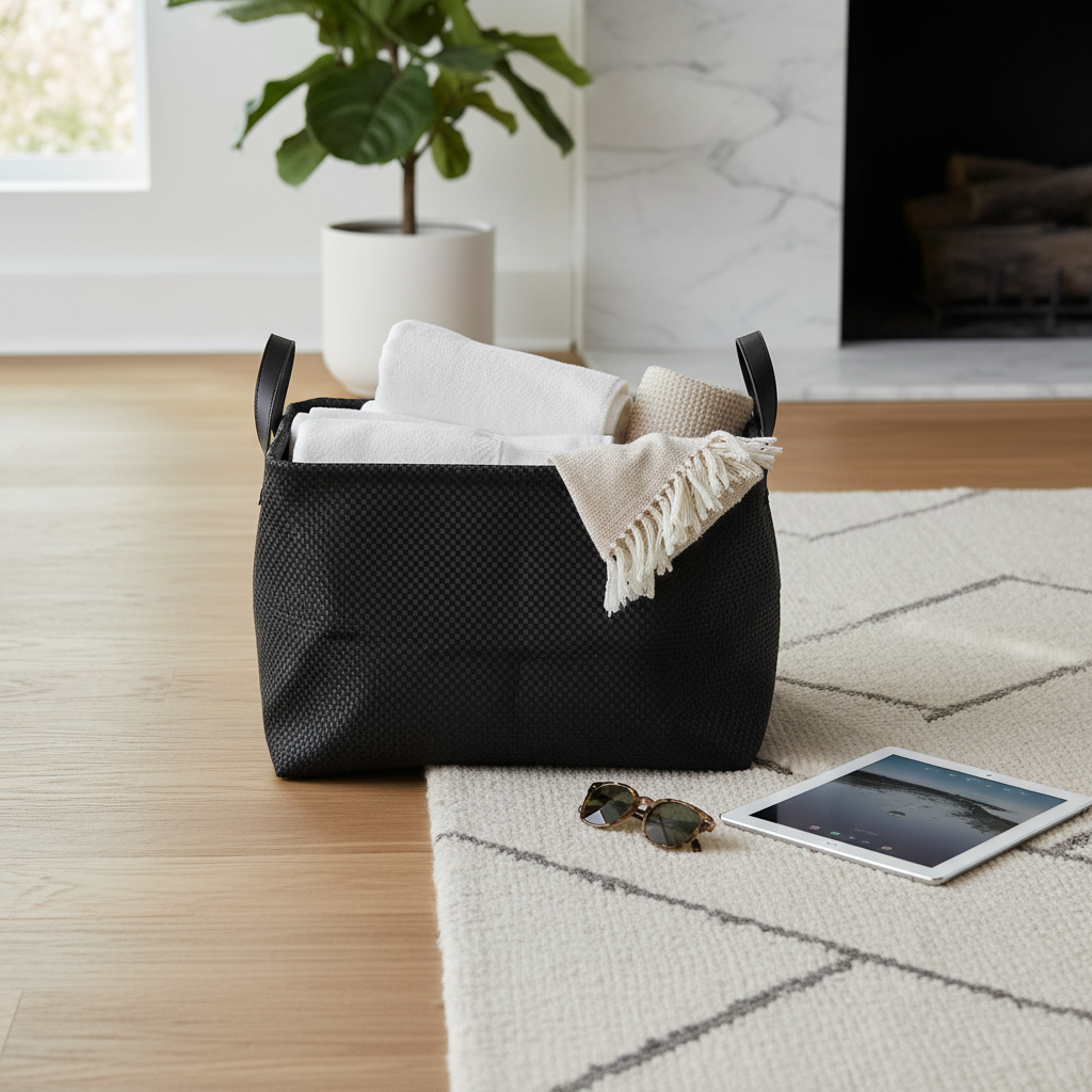 Rectangular Textilene Storage Basket Black With Handles Home Organizer
