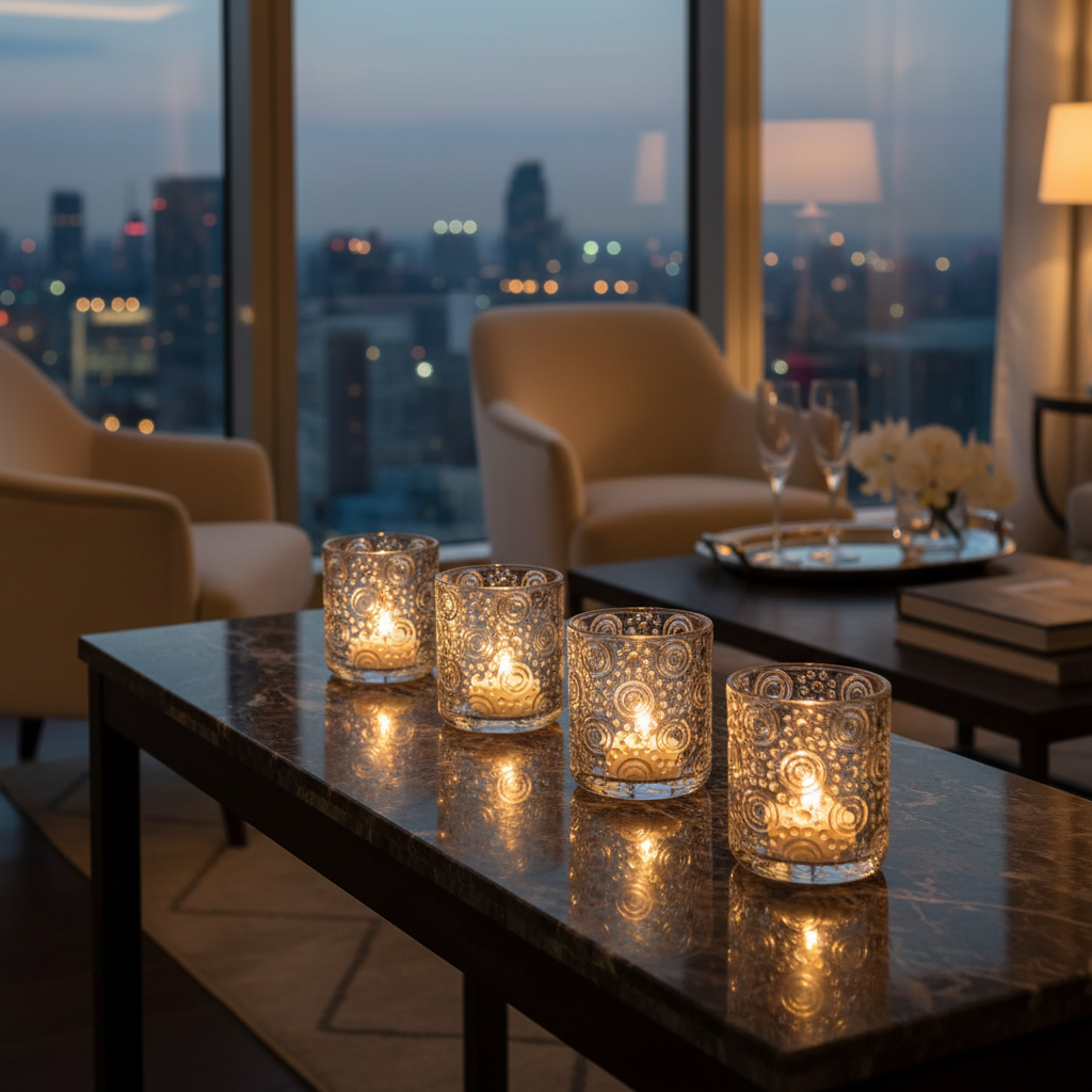 Round Glass Candle Holder Circles Design Decorative Candle Stand - Set of 4