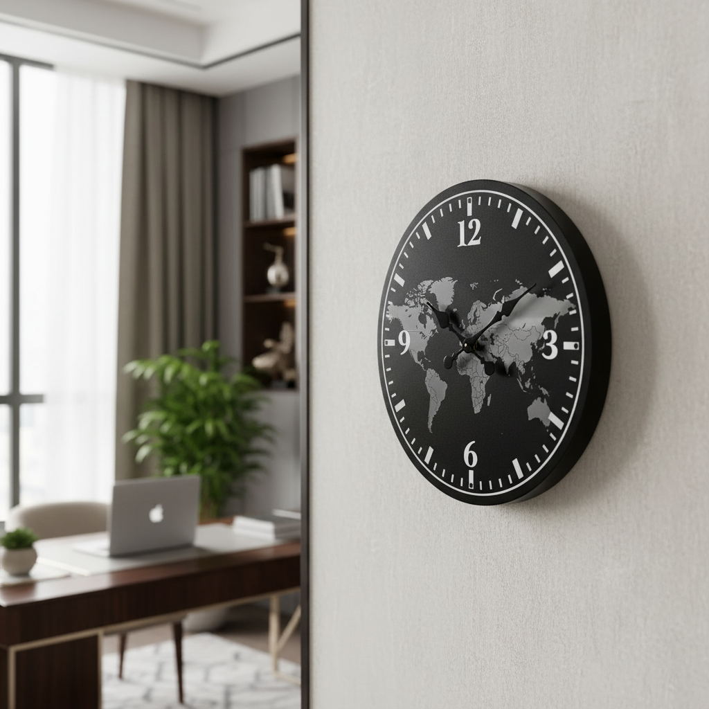 Round MDF 13 Inch Wall Clock World Map Design Home and Office Decor