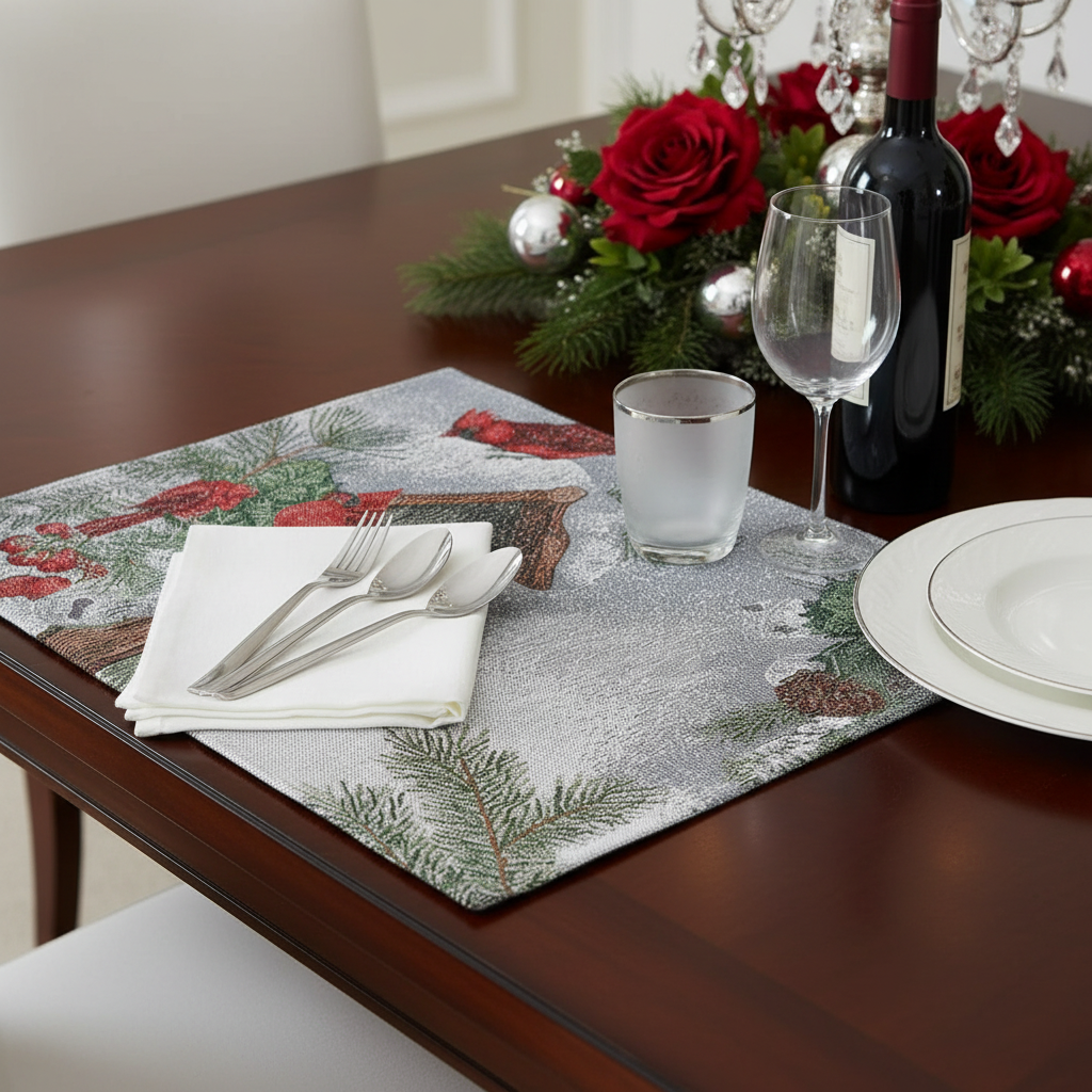 Birdhouse & Cardinal Tapestry Christmas Placemat 13x18 Set of 12 – Holiday Table Decor
