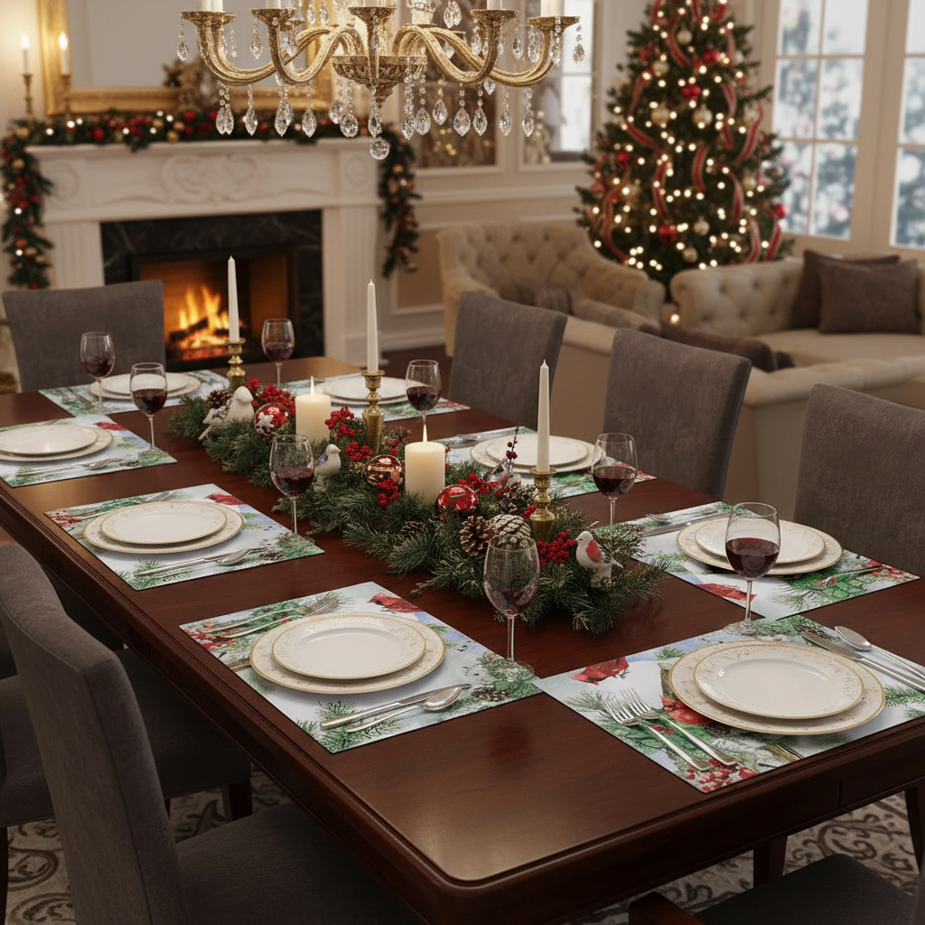Birdhouse Plastic Christmas Placemat Set of 12 – Holiday Table Decor