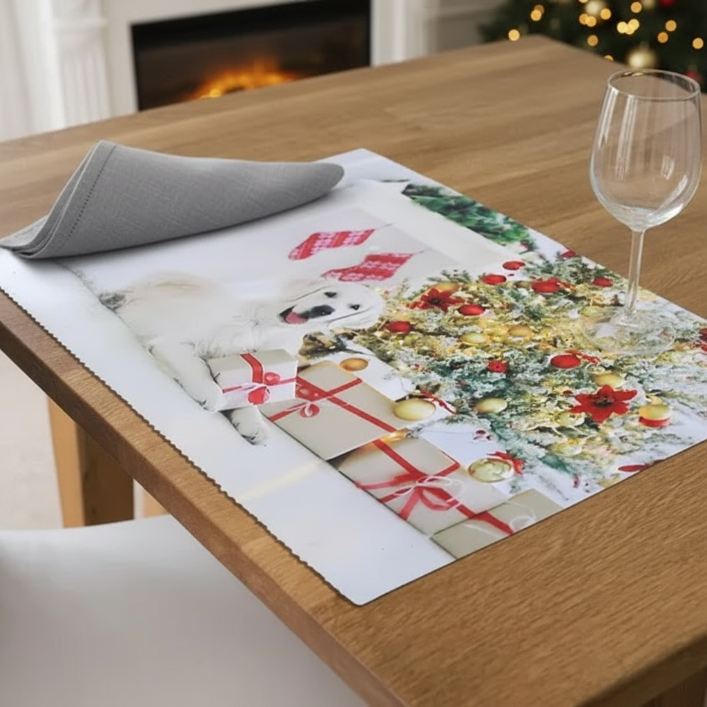 Dog with Present Plastic Christmas Placemat Set of 12 – Holiday Table Decor