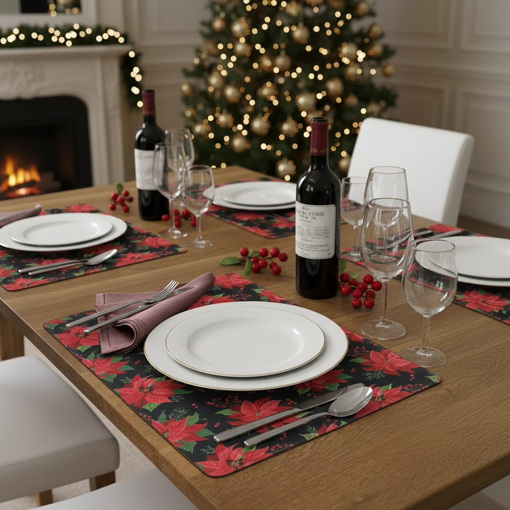 Multi Poinsettia Plastic Christmas Placemat Set of 12 – Holiday Table Decor