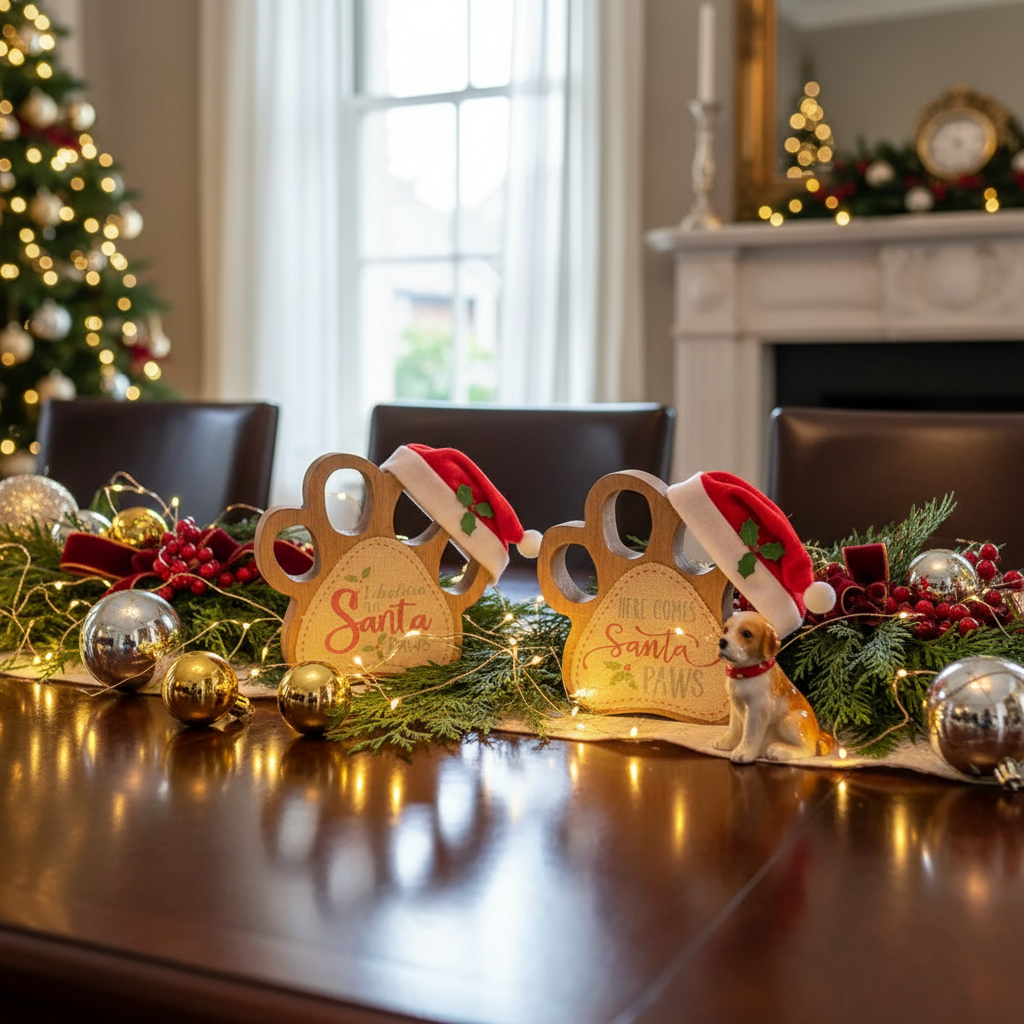 Wooden Paw With Santa Hat Sign, Christmas Pet Decor, Holiday Tabletop Sign - Set Of 2