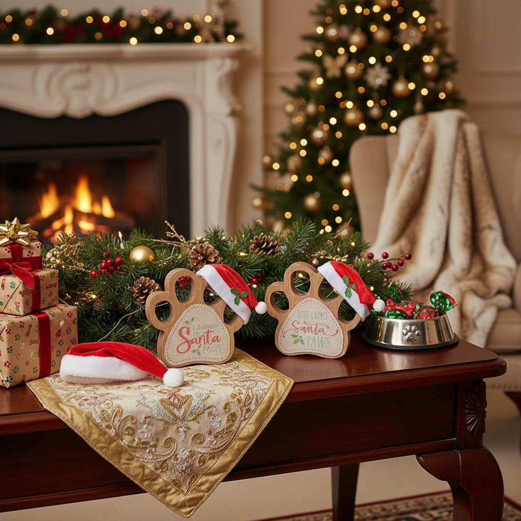 Wooden Paw With Santa Hat Sign, Christmas Pet Decor, Holiday Tabletop Sign - Set Of 2