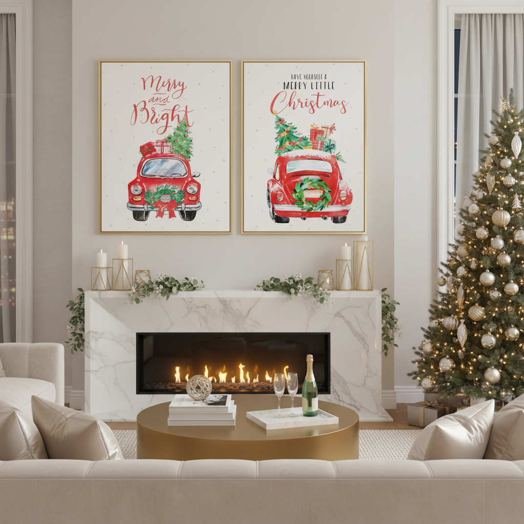 Canvas Wall Sign With Glitter Red Car With Gifts Christmas Wall Decor - Set of 2