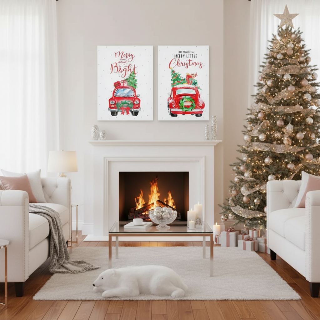 Canvas Wall Sign With Glitter Red Car With Gifts Christmas Wall Decor - Set of 2