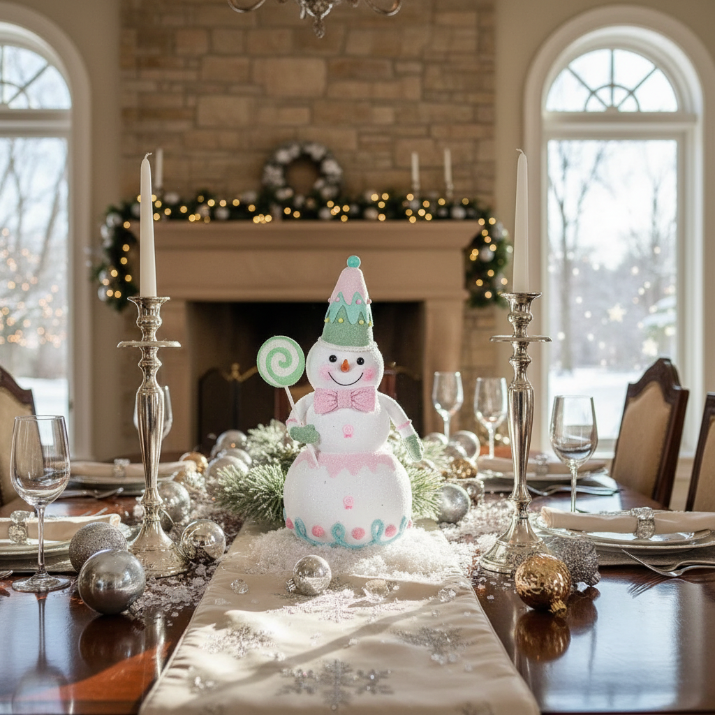 Christmas Snowman Holding Candy Figurine, Holiday Tabletop Decor, Winter Snowman Decoration, Christmas Home Decor Small