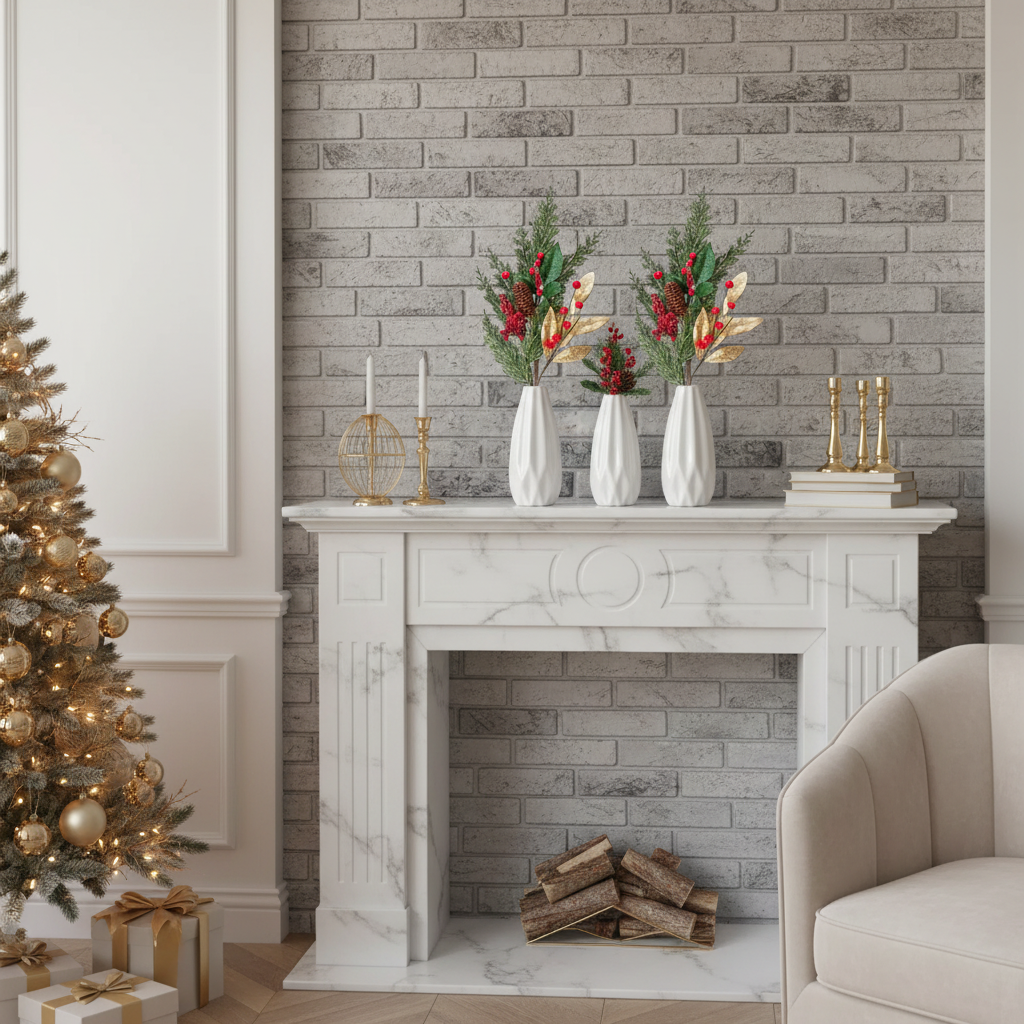 Christmas Golden Leaves With Berries & Pine Spray Set Of 3, Holiday Floral Pick, Festive Home Decor