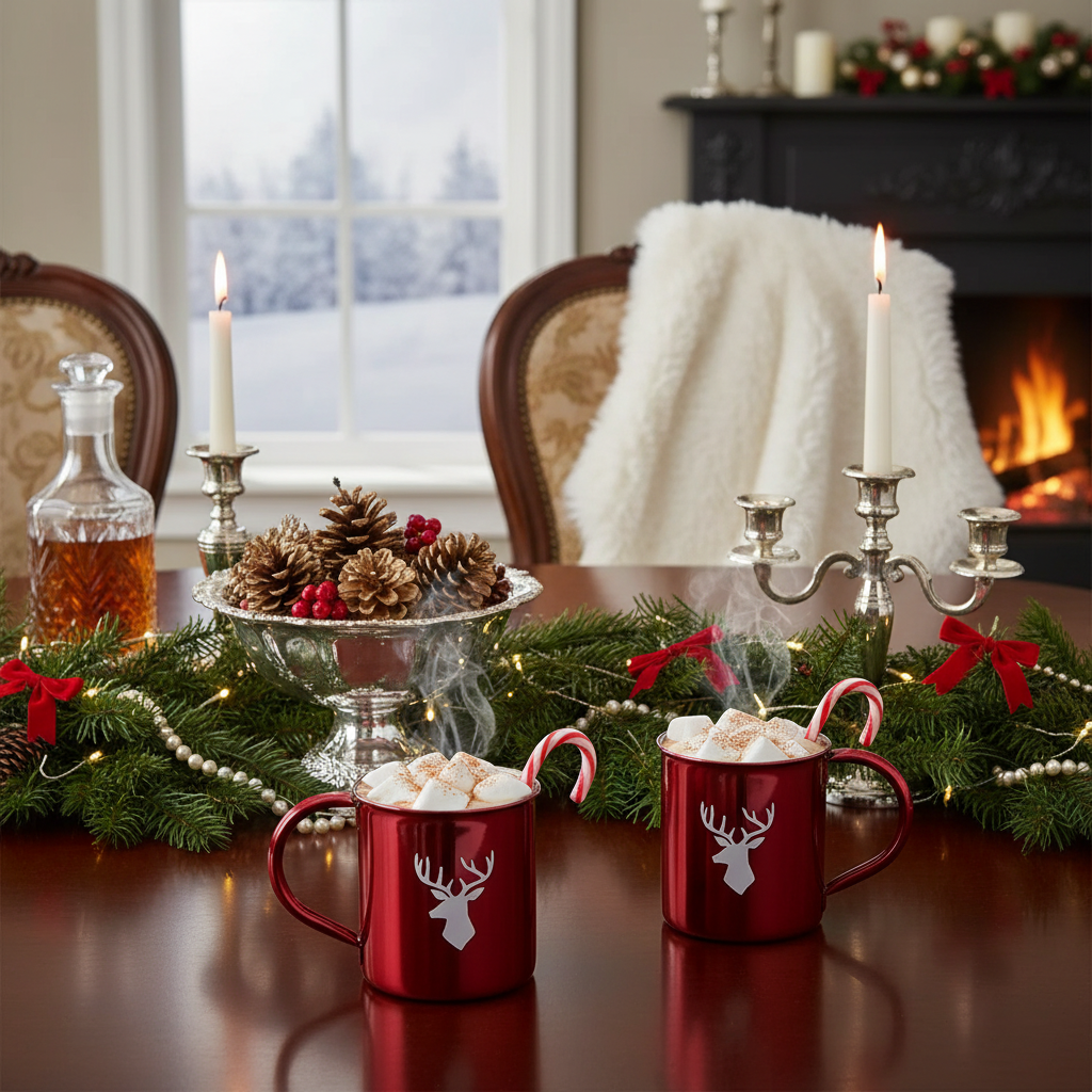 Christmas Stainless Steel Mug Reindeer Set Of 2, Holiday Drinkware, Festive Tableware