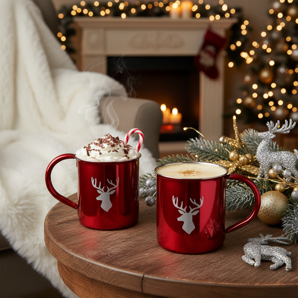 Christmas Stainless Steel Mug Reindeer Set Of 2, Holiday Drinkware, Festive Tableware