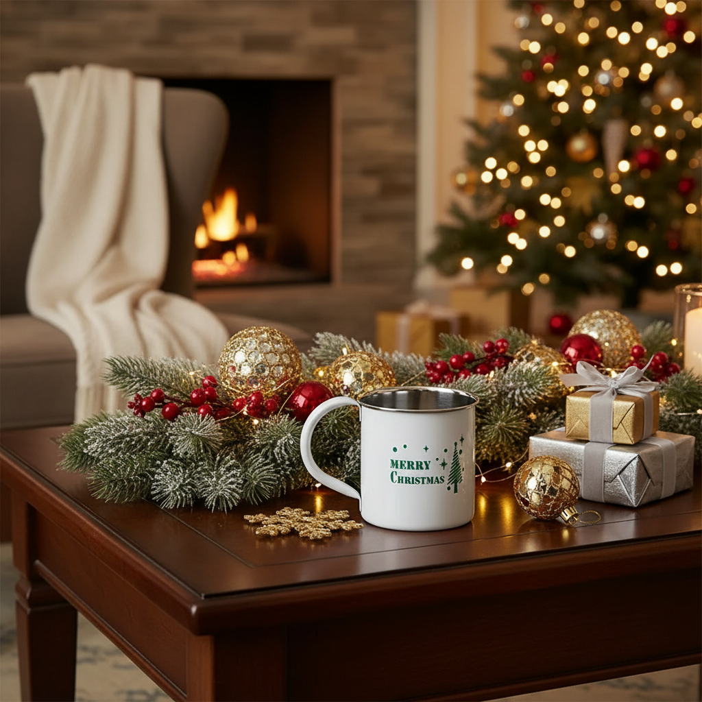 Christmas Stainless Steel Mug Merry Christmas Set Of 2, Holiday Drinkware, Festive Tableware