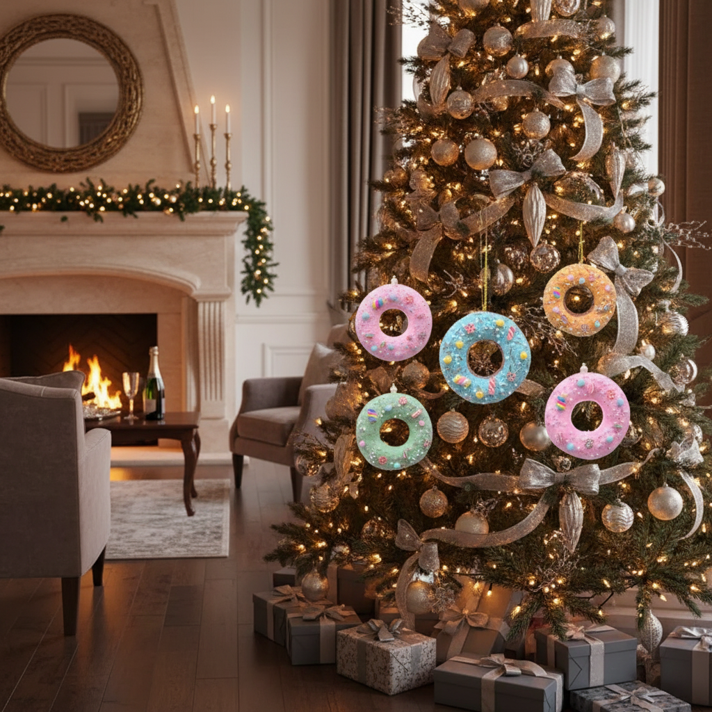 Doughnut Christmas Ornament, Dessert Christmas Tree Ornament, Hanging Holiday Tree Decoration - Set Of 10