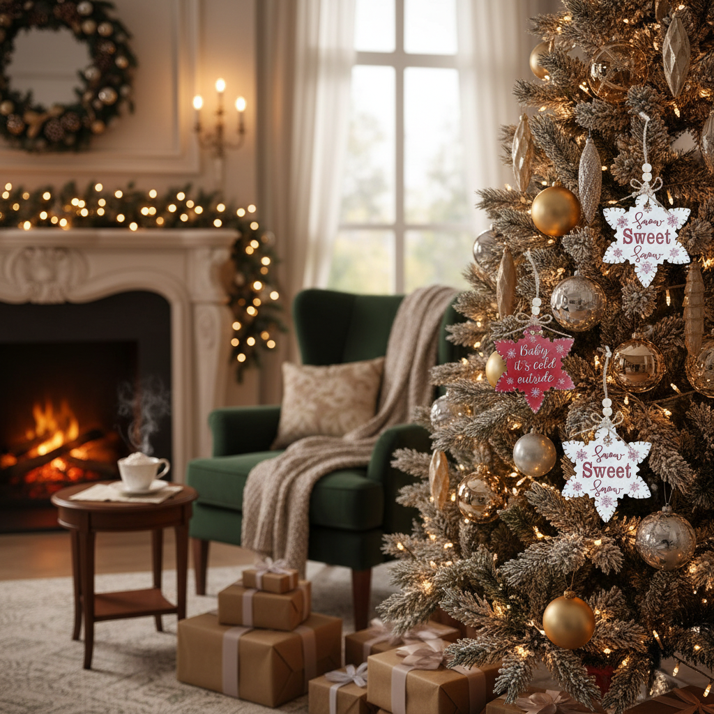 Flat Star Shape Christmas Ornament with Text Set of 12 – Holiday Tree Decoration